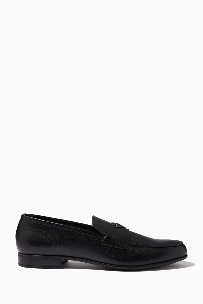 

Triangle Logo Loafers in Saffiano Leather, Black