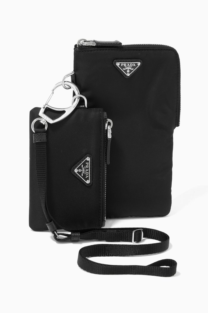 

Triangle Logo Double Pouches in Re-Nylon & Saffiano Leather, Black