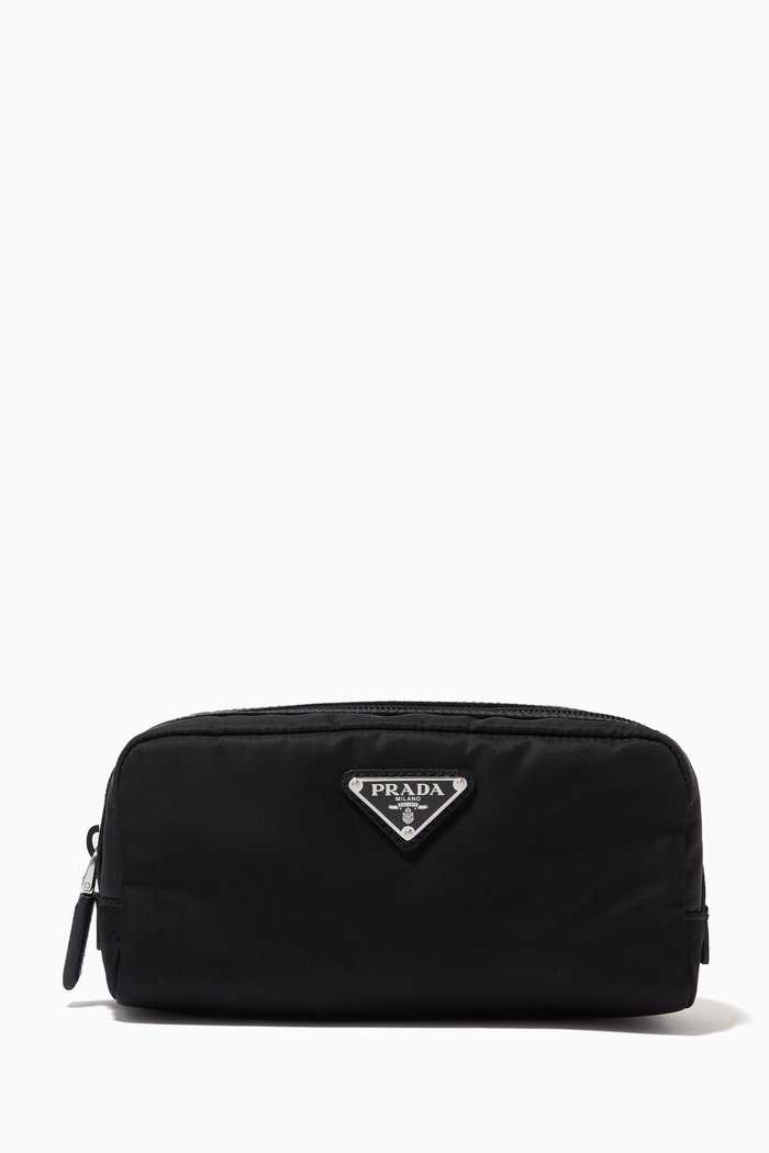 

Triangle Logo Toiletry Bag in Re-Nylon & Saffiano Leather, Black