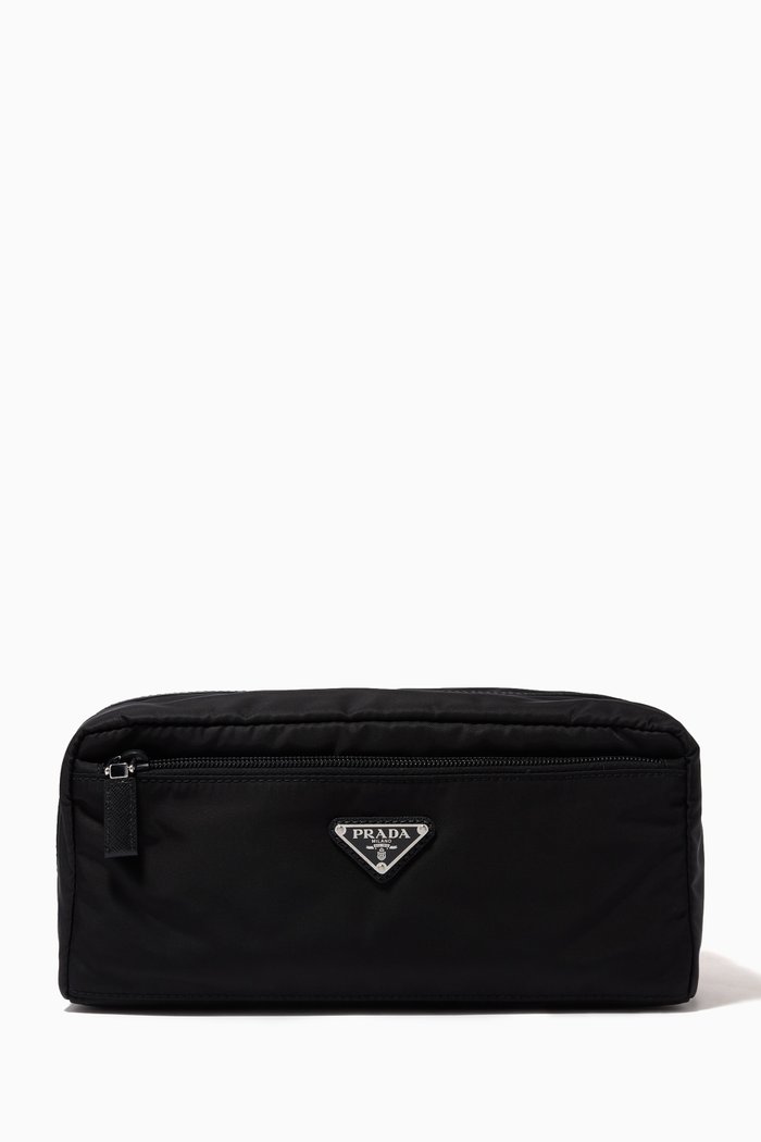 

Triangle Logo Travel Pouch in Re-Nylon & Saffiano Leather, Black