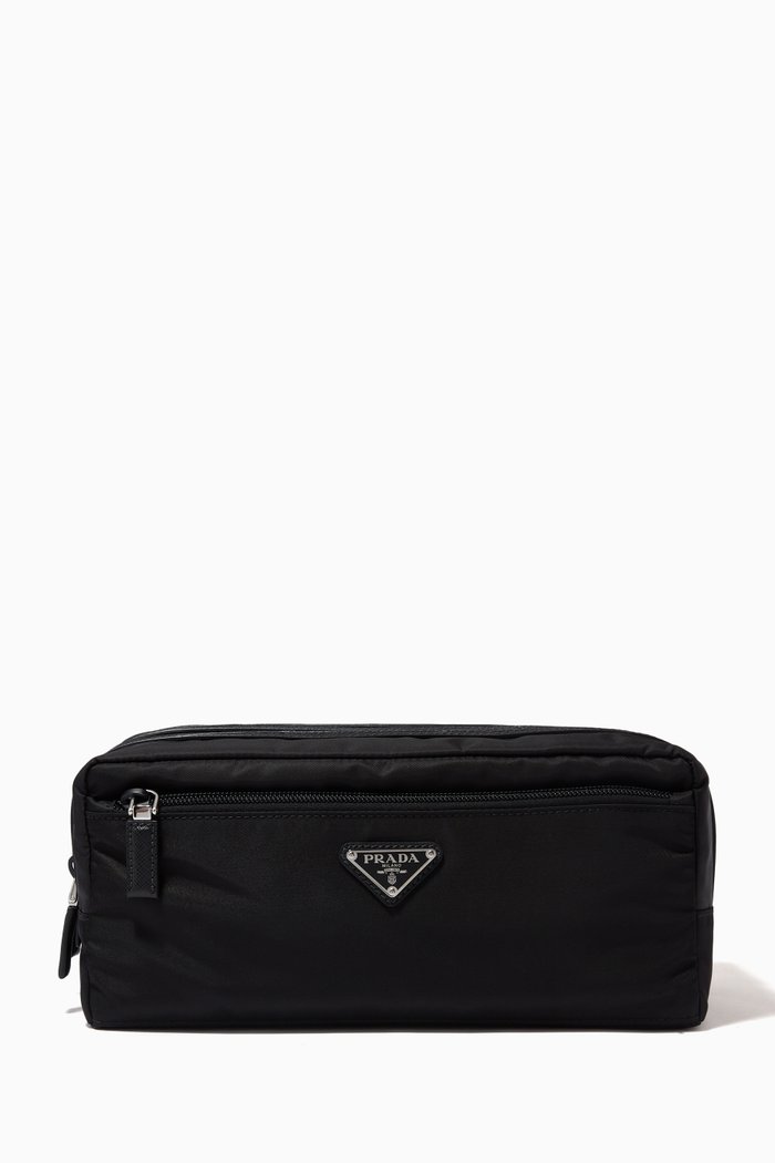 

Triangle Logo Travel Pouch in Re-Nylon & Saffiano Leather, Black