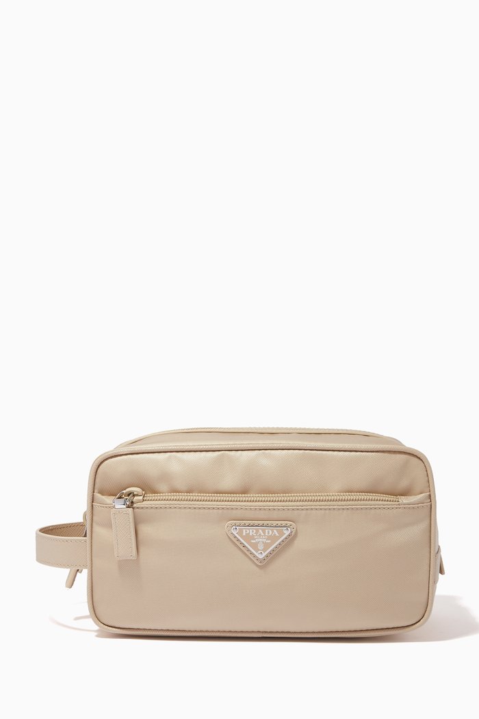 

Triangle Logo Travel Pouch in Re-Nylon & Saffiano Leather, Neutral