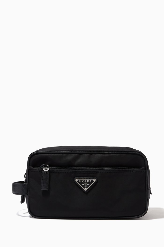 

Triangle Logo Travel Pouch in Re-Nylon & Saffiano Leather, Black