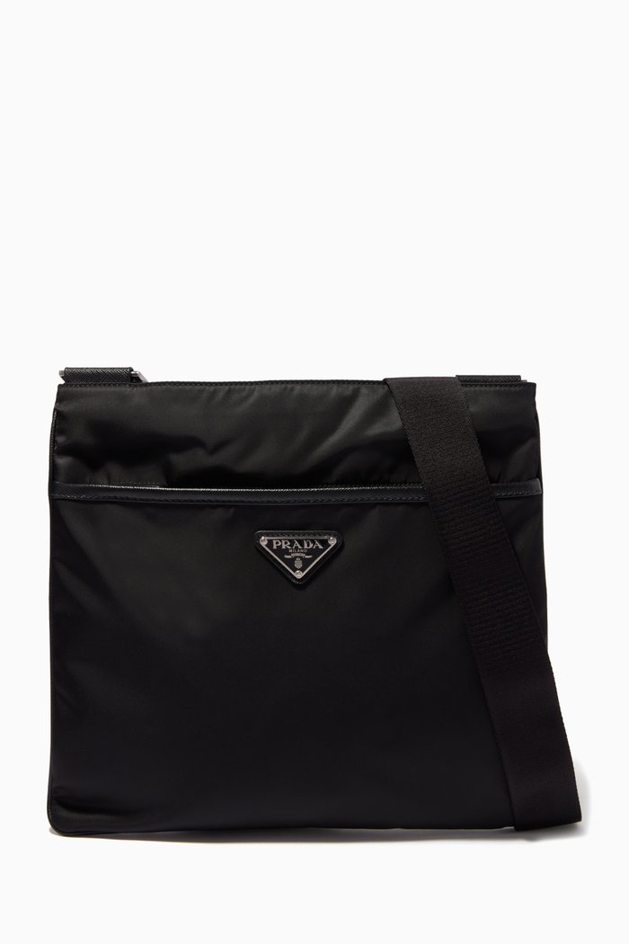 

Triangle Logo Shoulder Bag in Re-Nylon & Saffiano Leather, Black