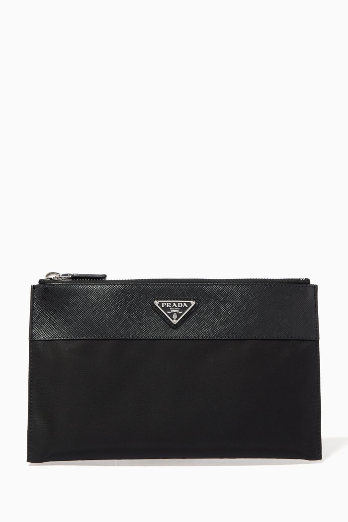 

Triangle Logo Small Pouch in Re-Nylon & Saffiano Leather, Black