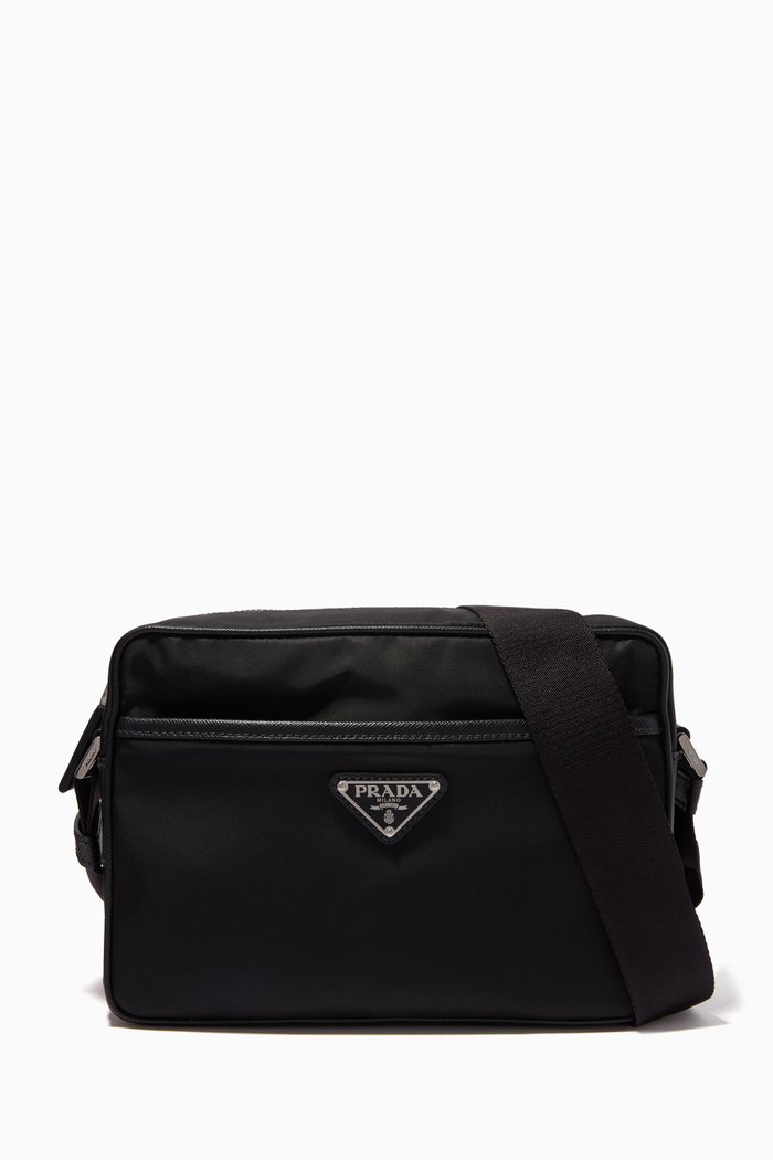

Triangle Logo Shoulder Bag in Re-Nylon & Saffiano Leather, Black