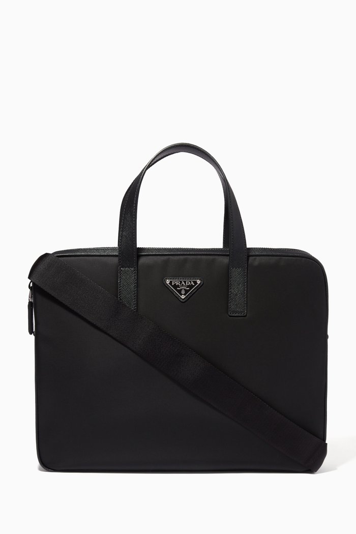 

Triangle Logo Briefcase in Re-Nylon & Saffiano Leather, Black