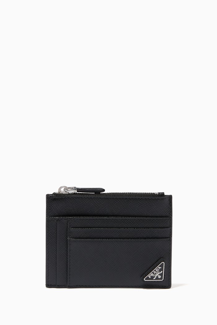 

Triangle Logo Card Holder in Saffiano Leather, Black