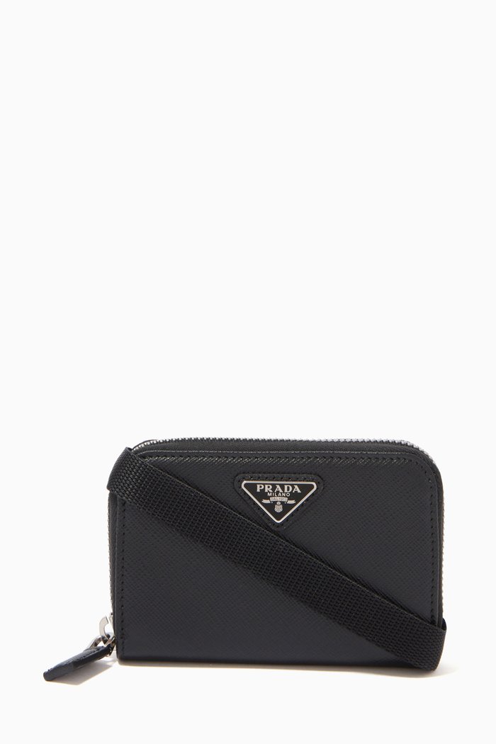 

Triangle Logo Card Holder in Saffiano Leather, Black