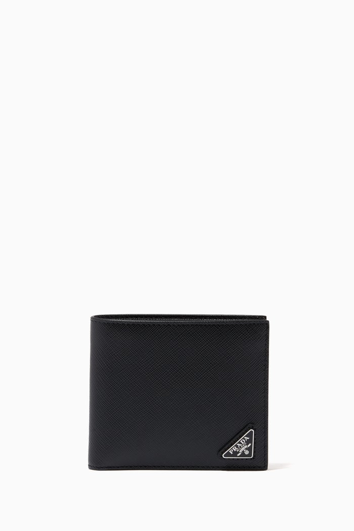 Triangle Logo Wallet in Saffiano Leather, Black