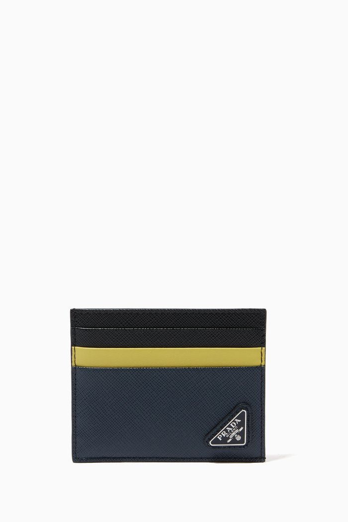 

Triangle Logo Card Holder in Saffiano Leather, Black