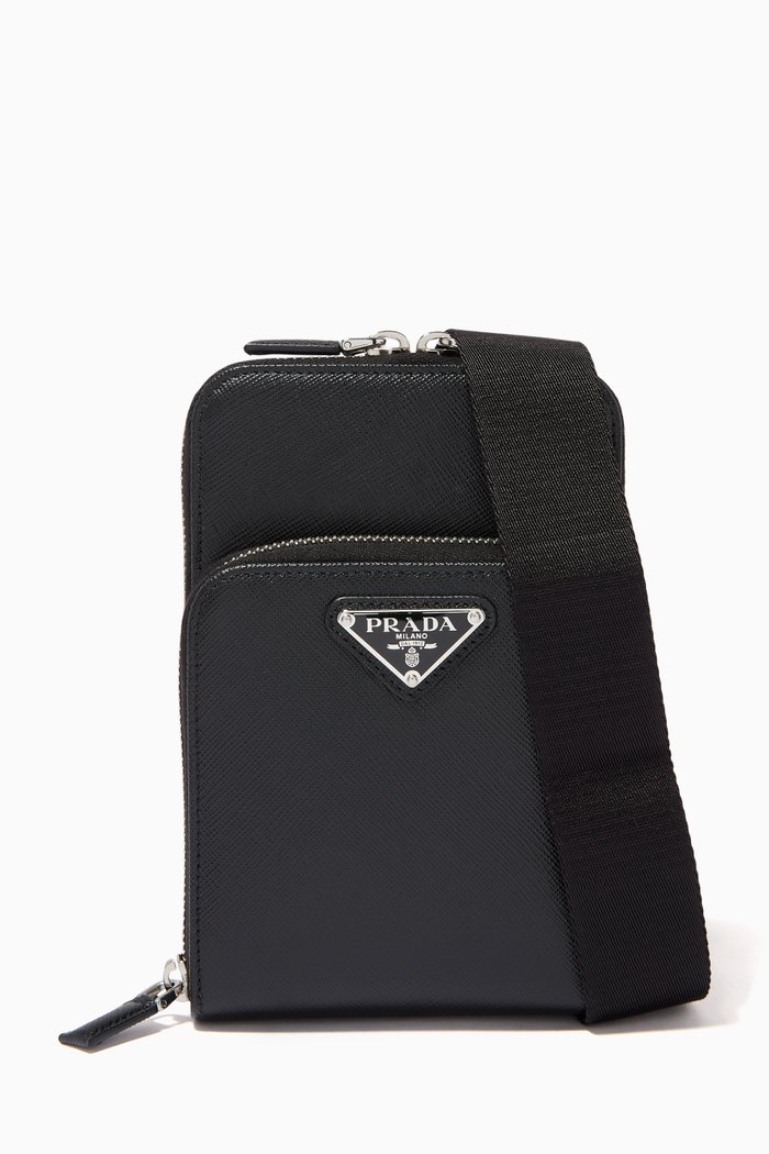 Triangle Logo Smartphone Case in Saffiano Leather, Black