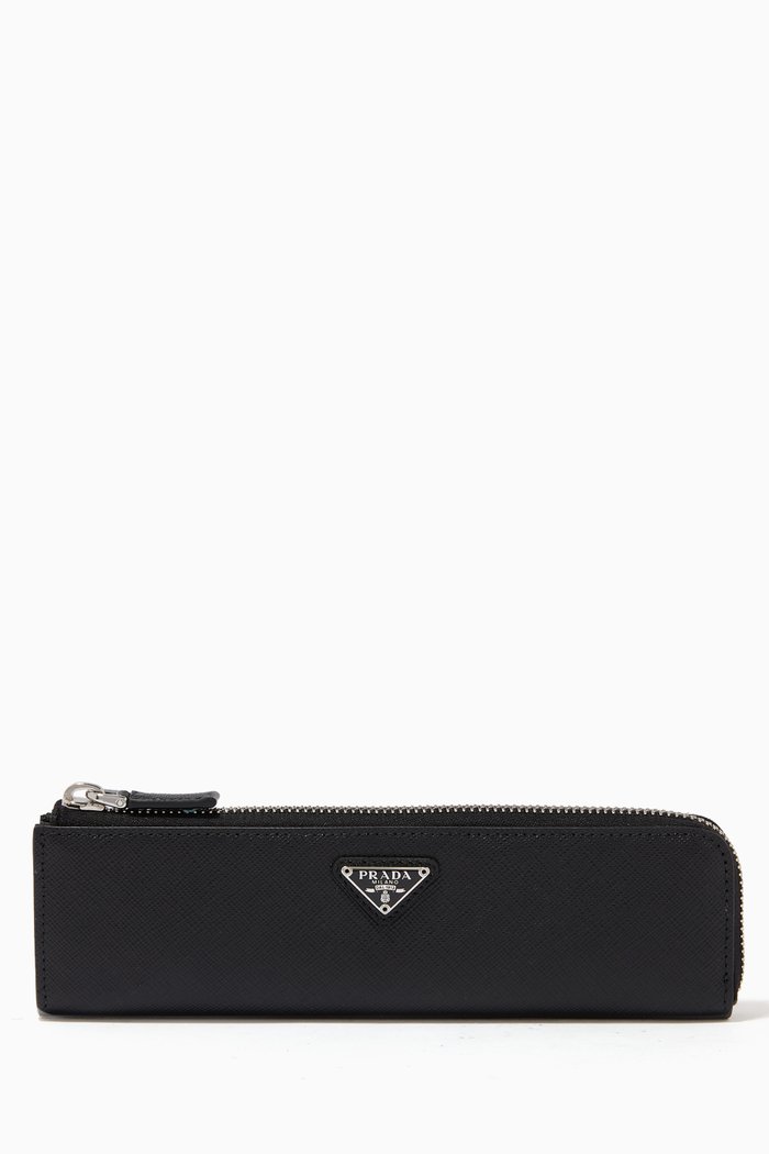 

Triangle Logo Pen Case in Saffiano Leather, Black