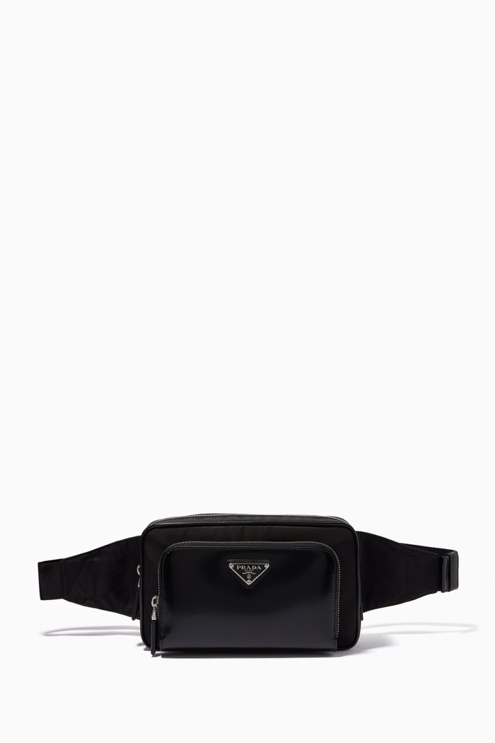 Triangle Logo Belt Bag in Re-Nylon & Leather, Black