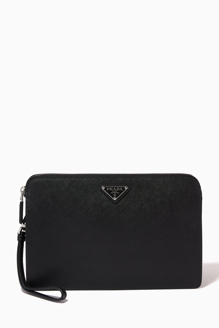 

Triangle Logo Pouch in Saffiano Leather, Black