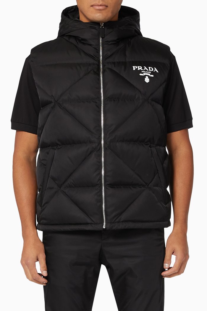 Logo Print Hooded Gilet in Quilted Down Re-Nylon, Black