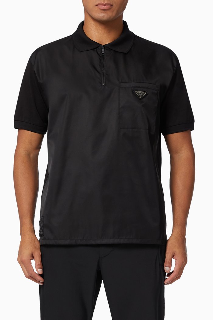 

Triangle Logo Polo Shirt in Re-Nylon & Cotton, Black