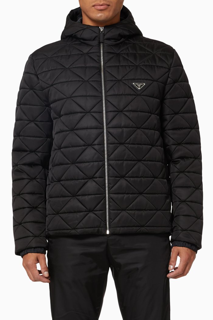 

Triangle Logo Hooded Bomber Jacket in Quilted Re-Nylon, Black