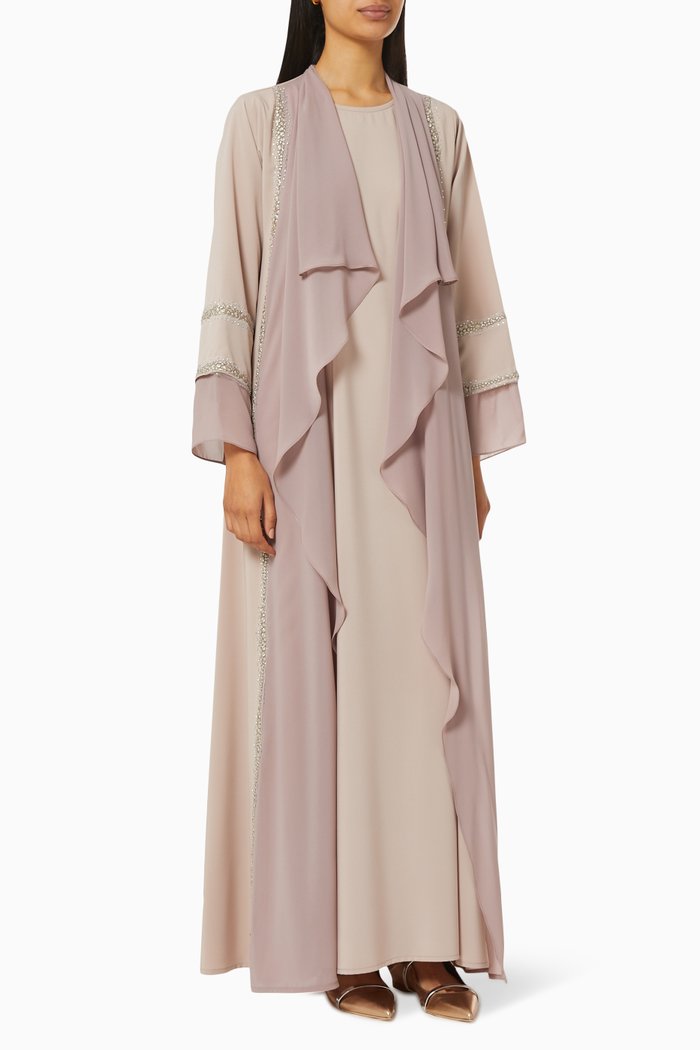 

Asymmetric Abaya Set with Floral Embroidery, Pink