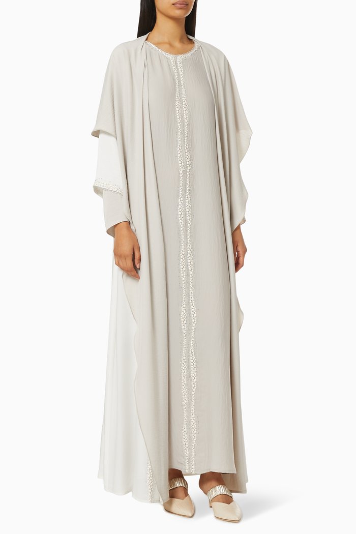 

Abaya Set with Floral Embroidery, Neutral