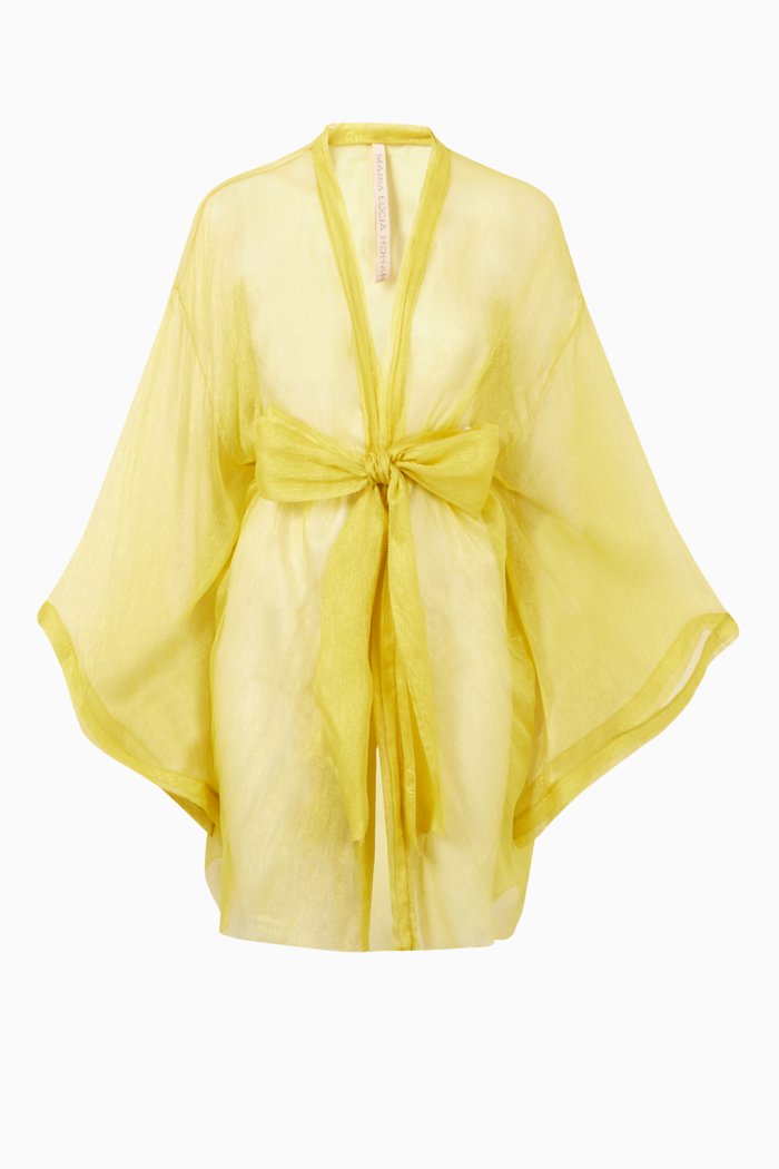 

Belize Kimono Robe in Metallic Silk Mousseline, Yellow