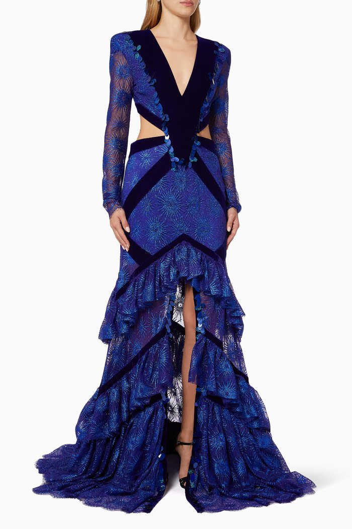 

Velvet Trim Tiered Dress in Lace, Blue