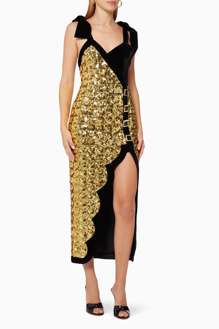 

Sequinned Dress with Scallop Hem, Gold