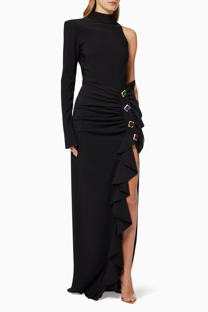 

Ruffle One-shoulder Gown in Lycra, Black