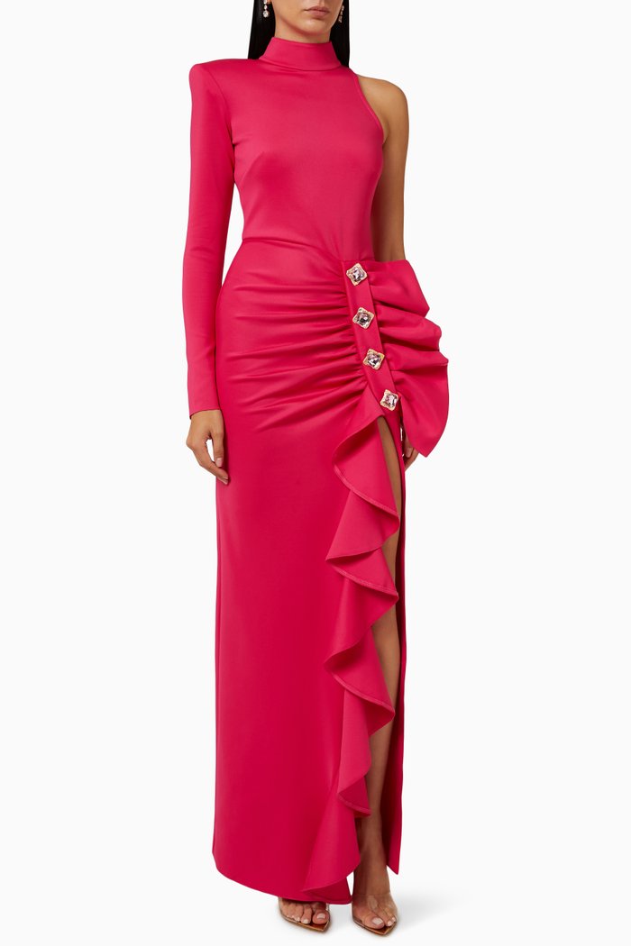 One-Shoulder Ruffle Gown in Stretch Crepe, Pink