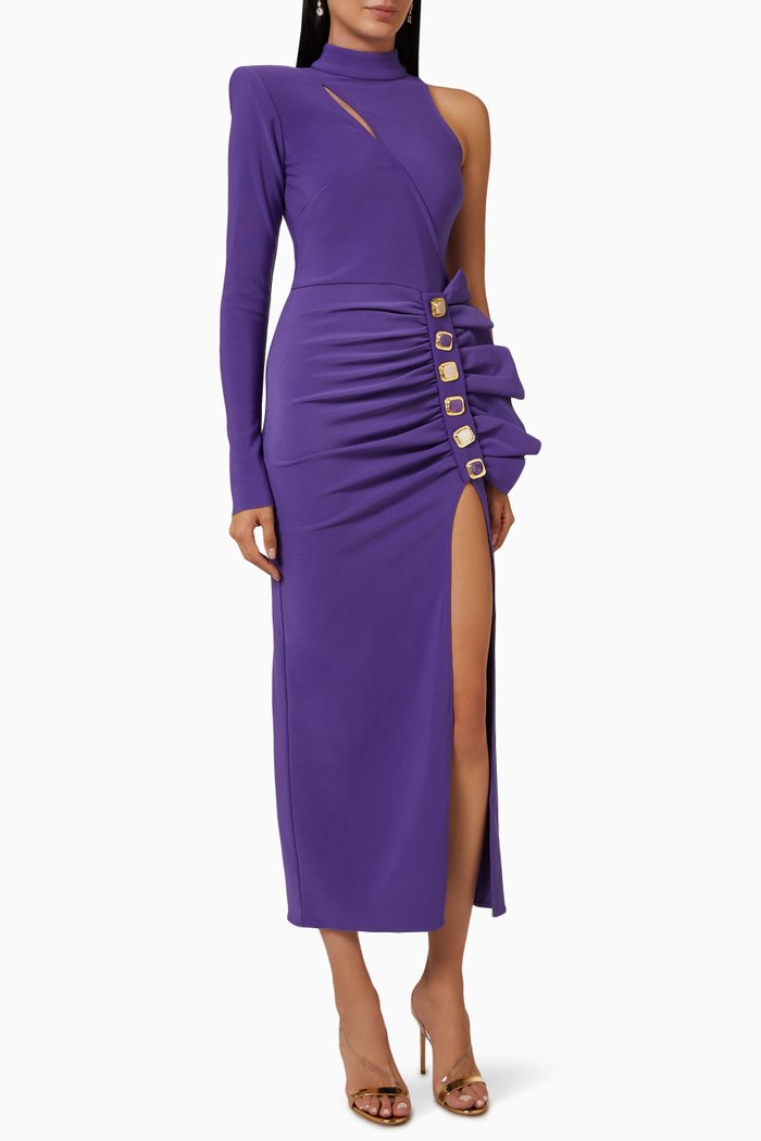 

One-Shoulder Ruffle Dress in Stretch Crepe, Purple