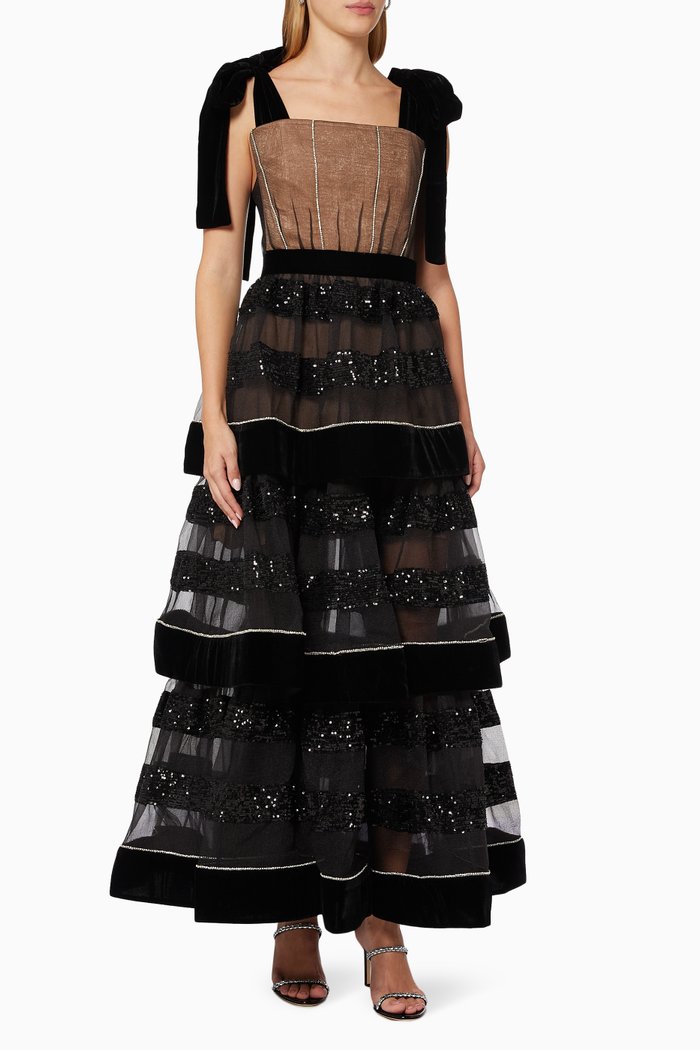 

Tiered Sequinned Dress in Tulle & Velvet, Black