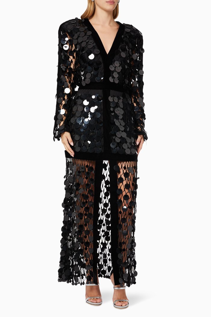 

Velvet Trim Dress with Sequin Embroidery, Black