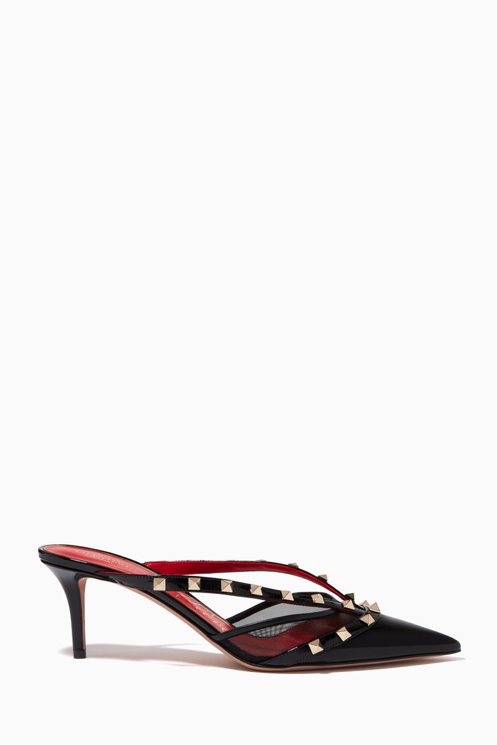 Valentino Garavani Rockstud Alcove Mules in Patent Leather & Mesh, Black