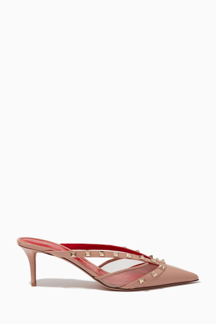 

Valentino Garavani Rockstud Alcove Mules in Patent Leather & Mesh, Pink