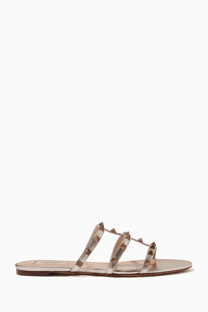 Valentino Garavani Rockstud Slides in Laminated Elk-print Calfskin, Neutral
