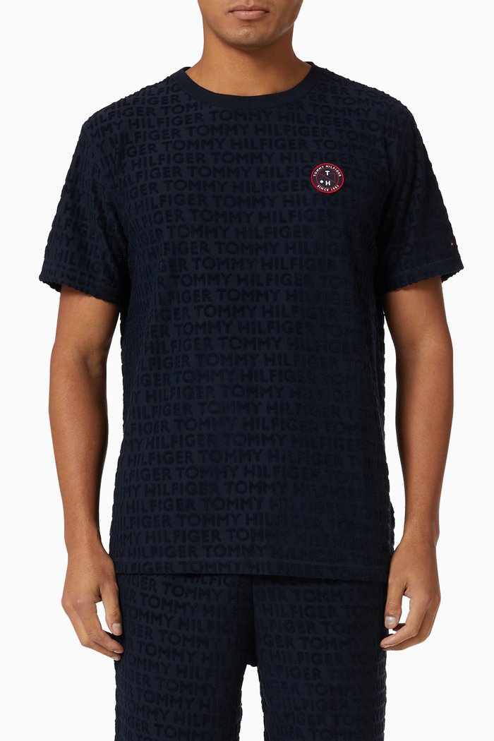 

Tonal Repeat Logo Towelling T-shirt in Organic Cotton Blend, Blue
