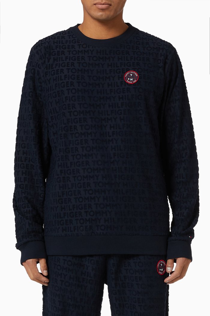 

All-Over Logo Towelling Sweatshirt in Organic Cotton Blend, Blue