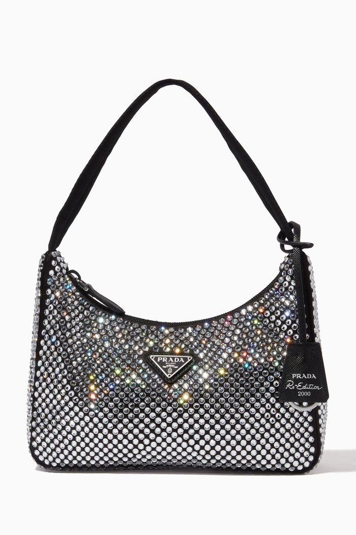 

Triangle Logo Mini Hobo Bag in Crystal-Embellished Satin, Silver