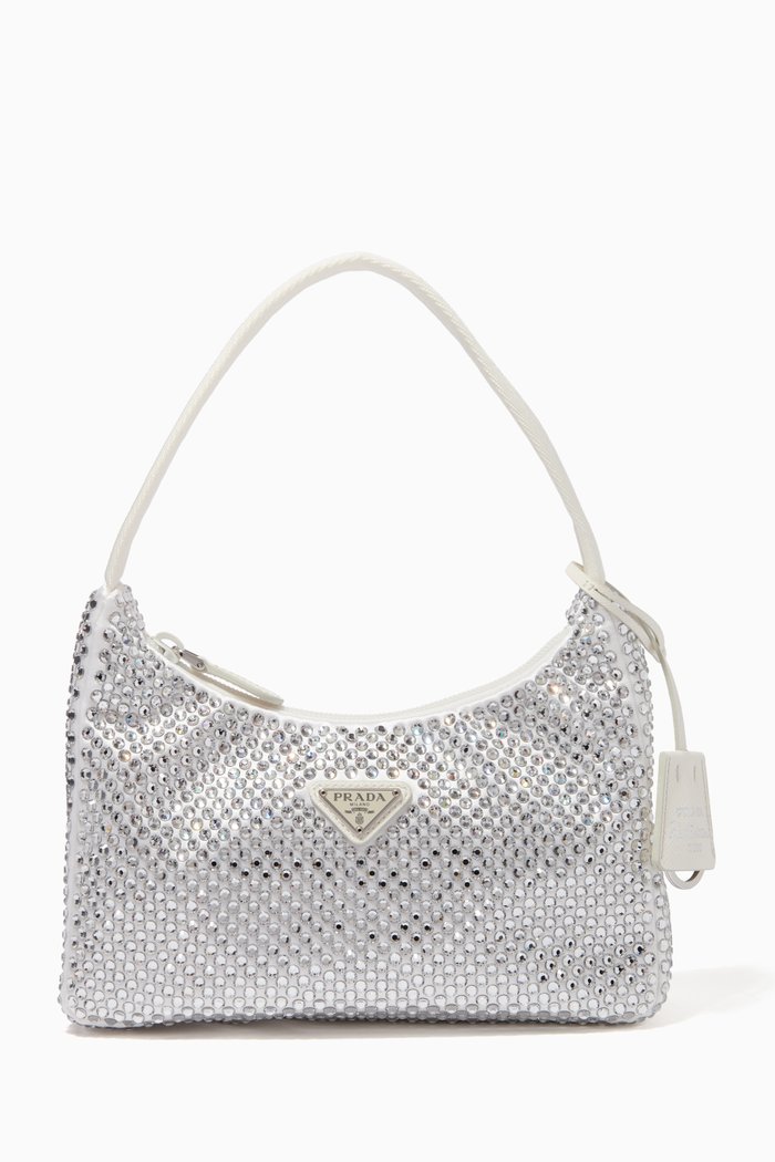 

Triangle Logo Mini Hobo Bag in Crystal-Embellished Satin, White