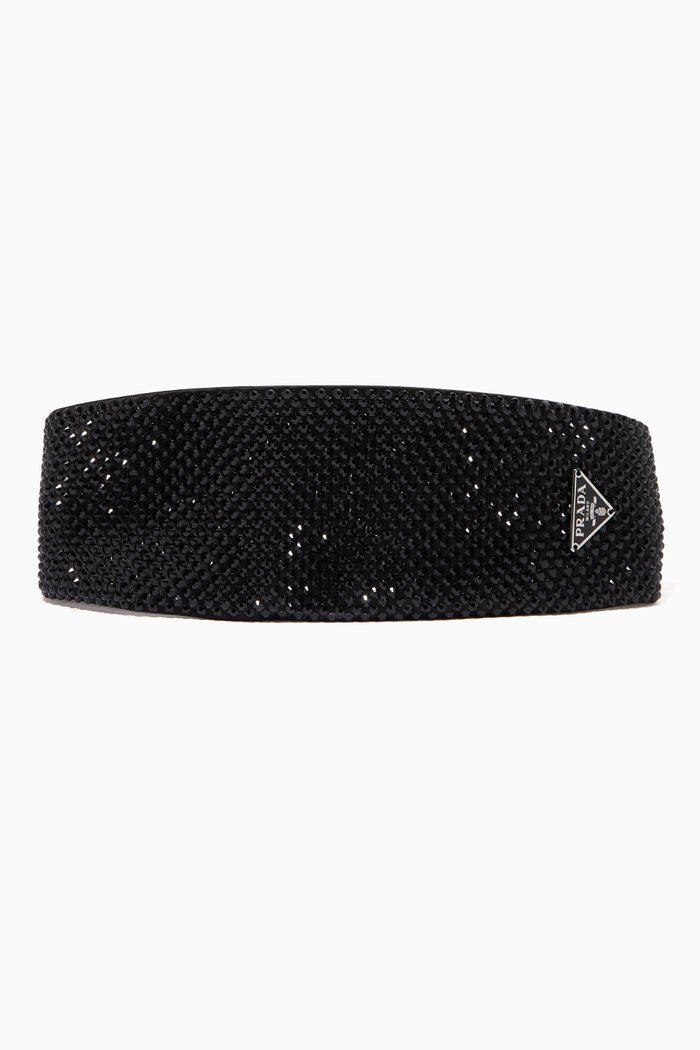 

Triangle Logo Oversized Headband in Crystal-Embellished Satin, Black