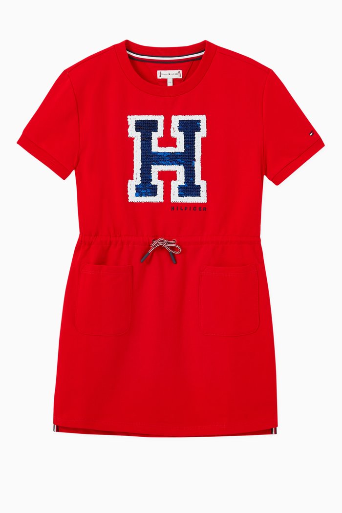 

Sequin Logo Dress in Stretch Cotton, Red