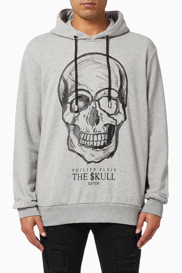 

Print Skull Hoodie Sweatshirt with Rhinestones in Cotton, Grey