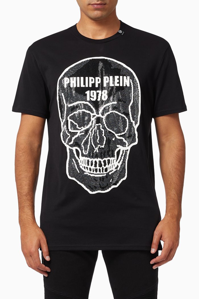 

Skull Print T-shirt with Rhinestones Crystals, Black