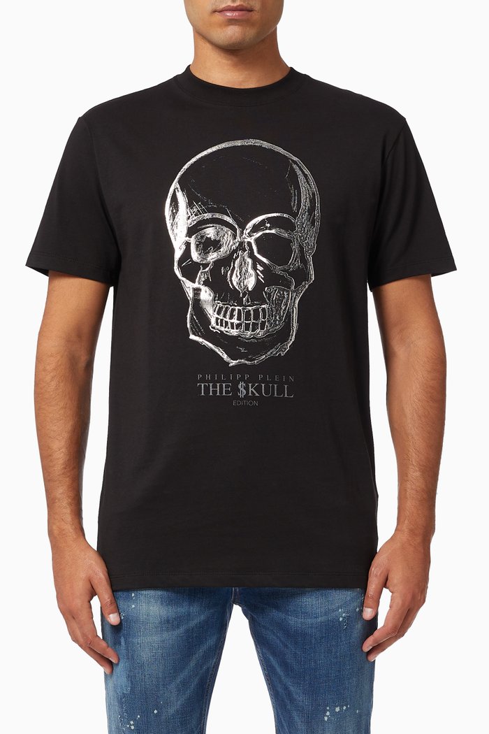 

Skull Print T-shirt with Laminated Effect, Black
