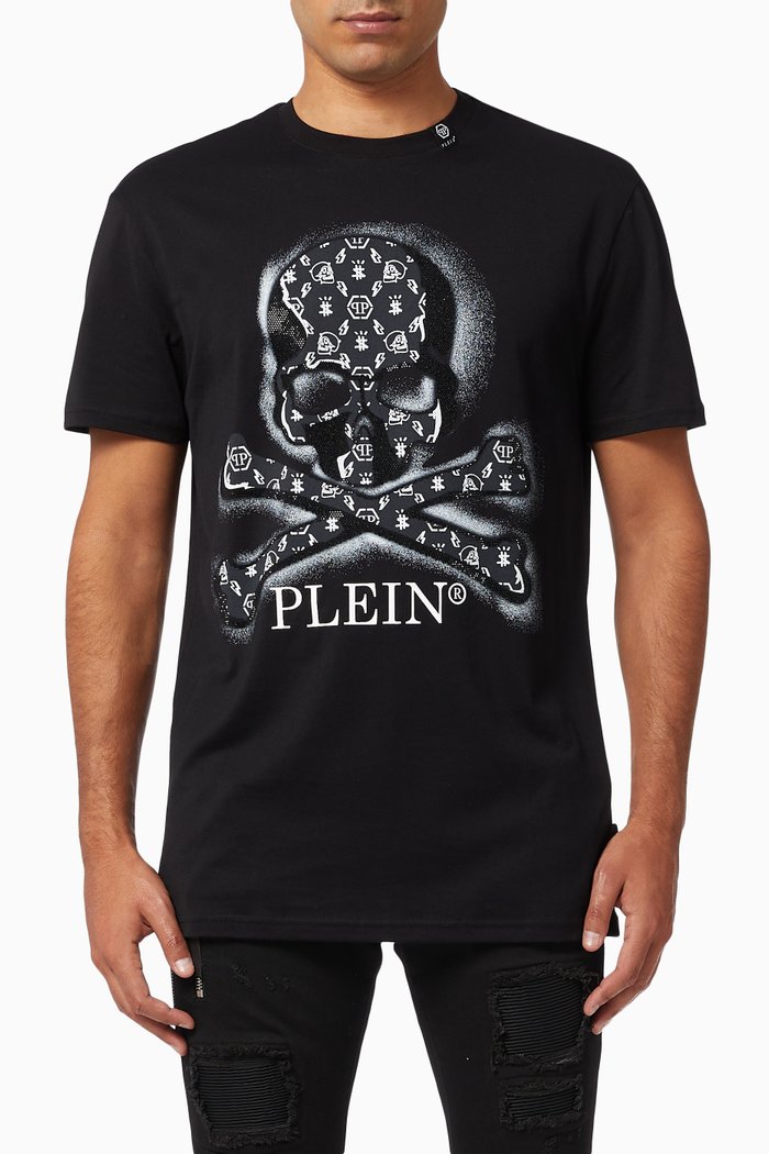 Iconic Skull Print T-shirt with Rhinestones, Black