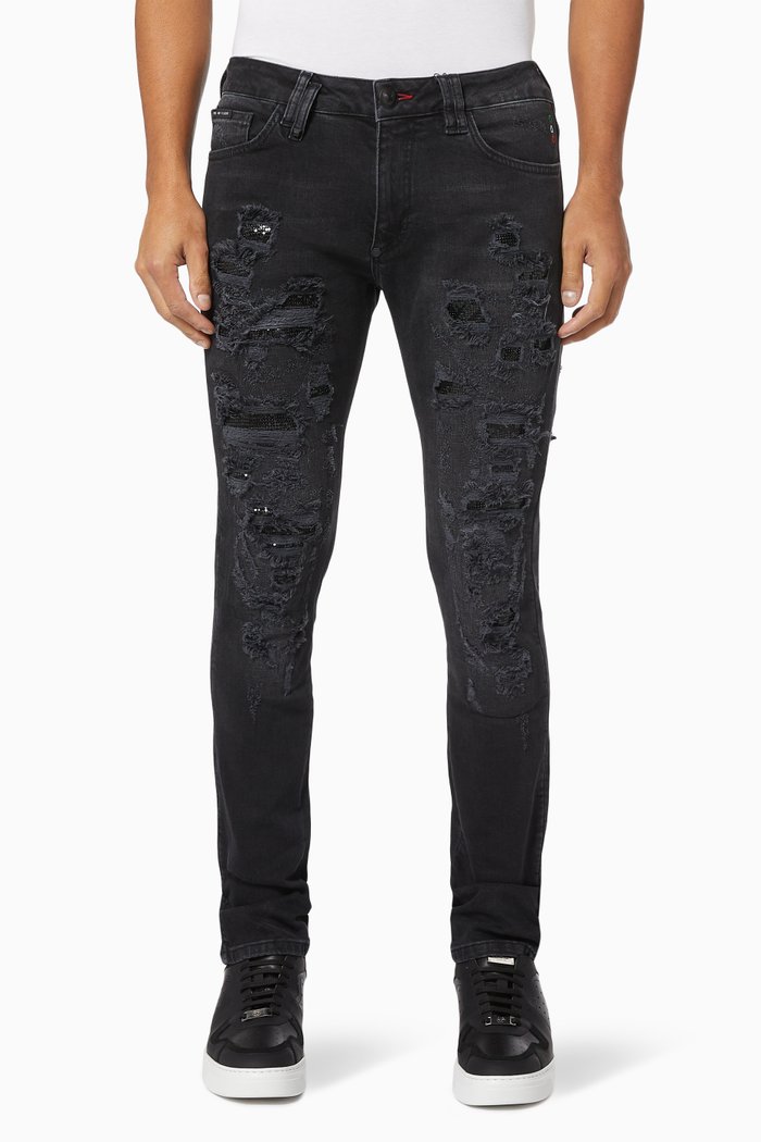 

Slim Fit Denim Jeans with Metal Mesh, Blue