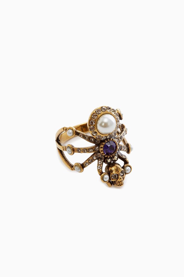 

Spider Crystal & Pearl Ring in Brass, Multicolour