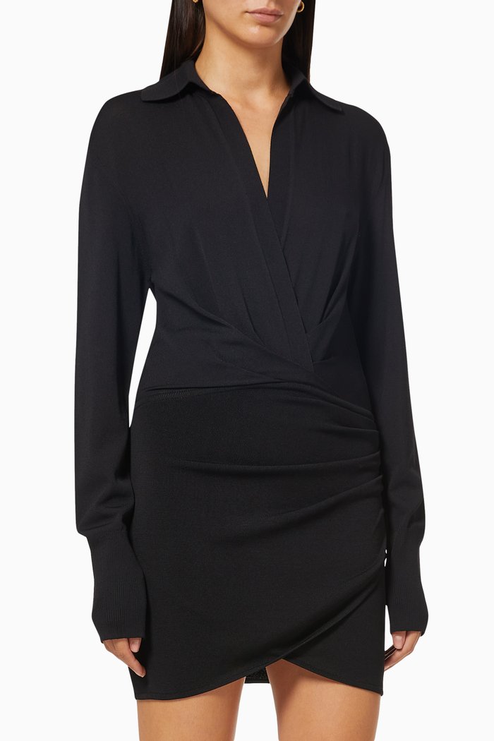 

Nojas Draped Shirt Dress in Rayon Knit, Black