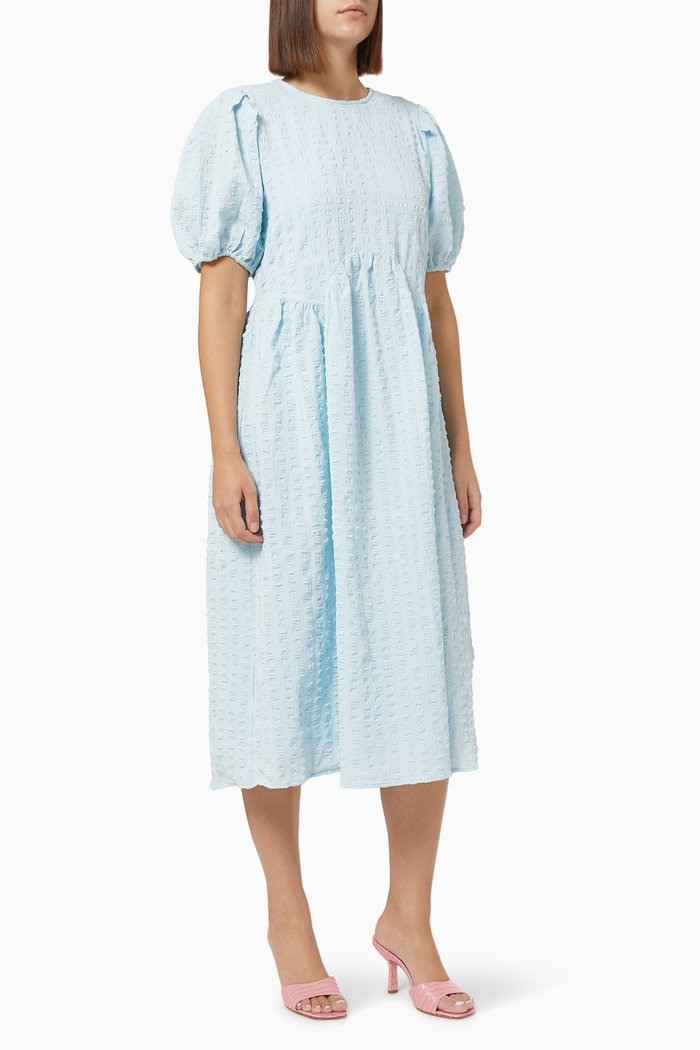 

Textured Puff Sleeves Midi Dress, Blue