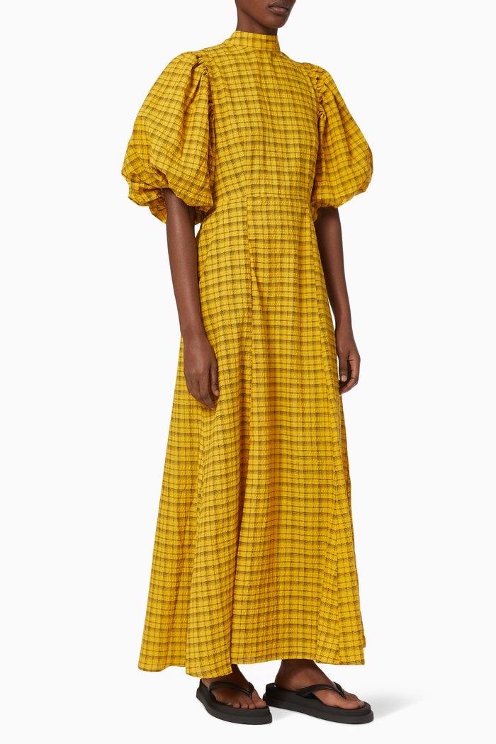 

Long Check Puff Sleeve Dress, Yellow